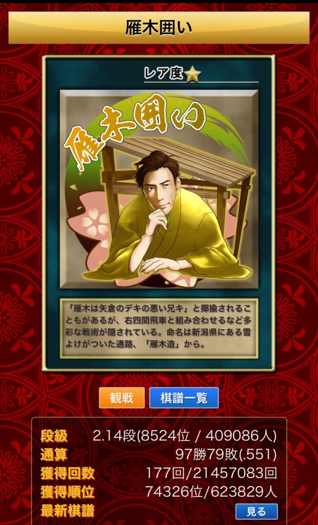私の将棋ウォーズの雁木の戦績