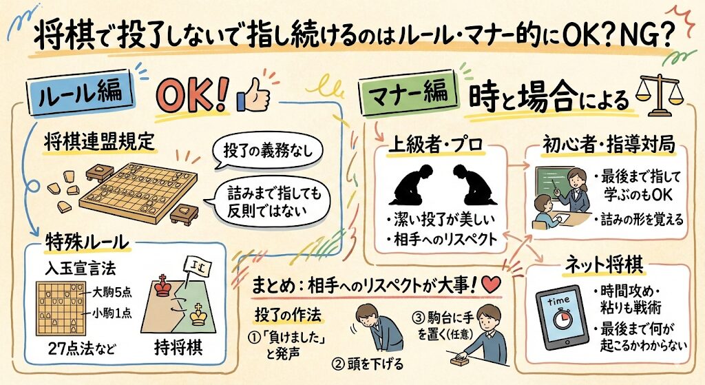 将棋で投了しないで指し続けるのはルール・マナー的にOK?NG?