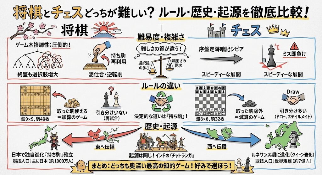将棋とチェスどっちが難しい?ルールの複雑さ・歴史・起源を徹底比較!