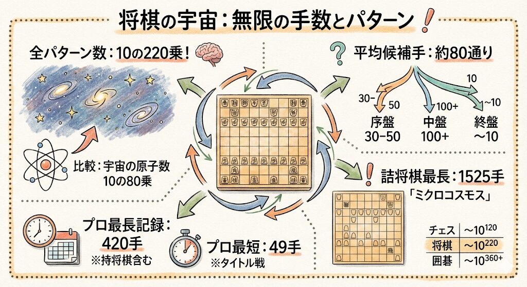 将棋の手数は何通り?全パターンは?平均候補手は?