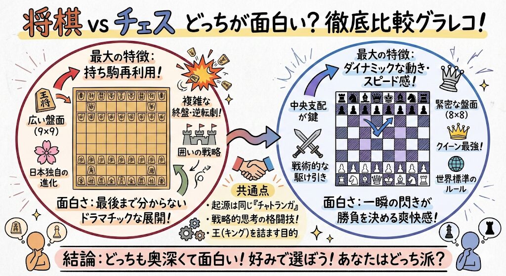 チェス将棋どっちが面白い?静寂を裂く駒音、魂焦がす知の深淵