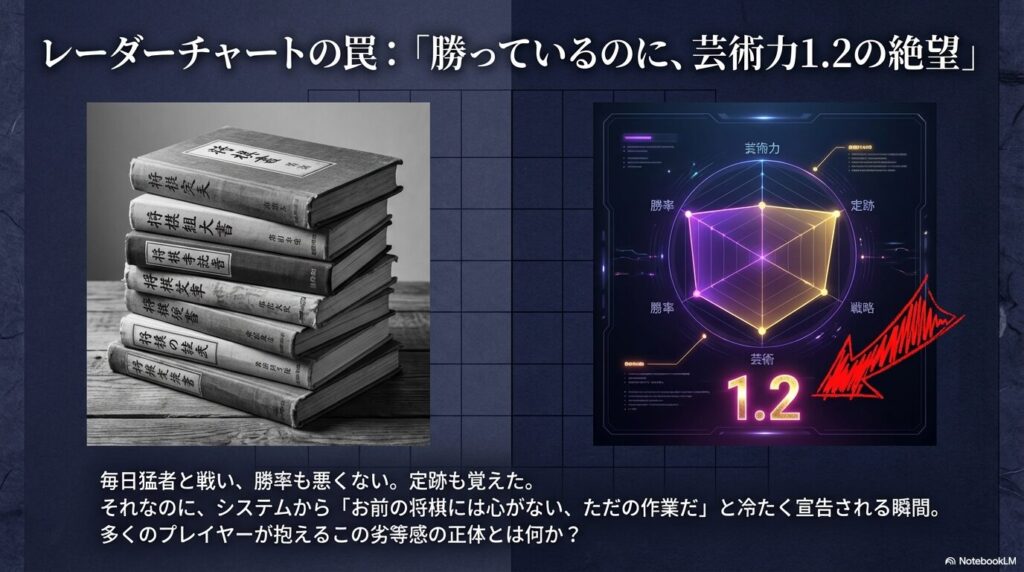 勝率は高いのに将棋ウォーズの芸術力が1.2に留まるレーダーチャートと積まれた将棋書