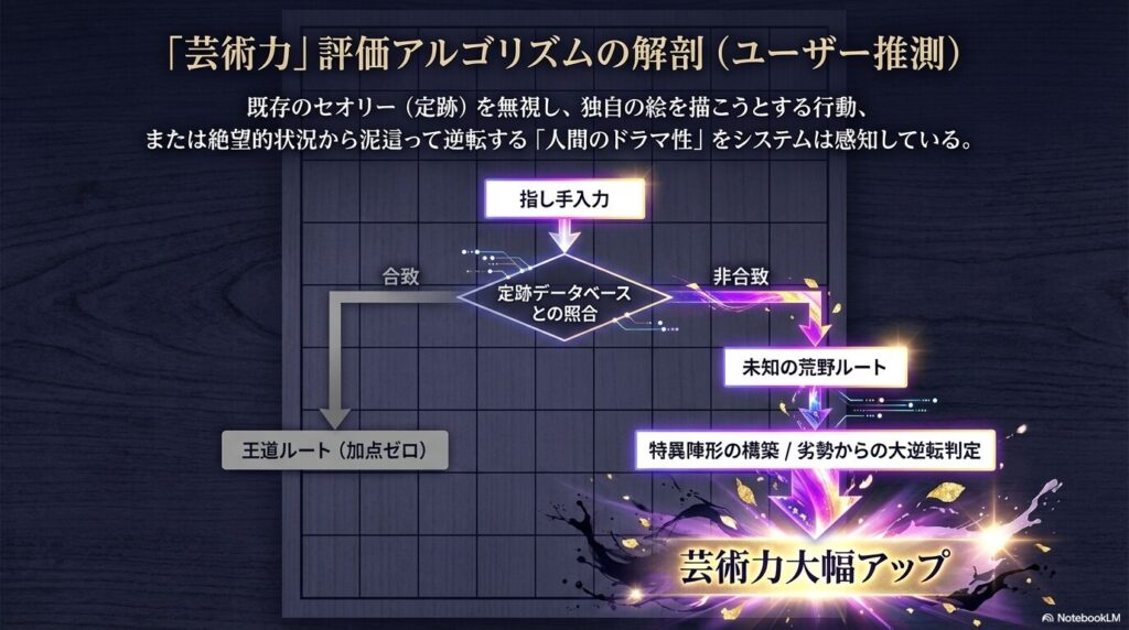 ユーザー推測に基づく将棋ウォーズの芸術力評価アルゴリズムと定跡データベースの図解