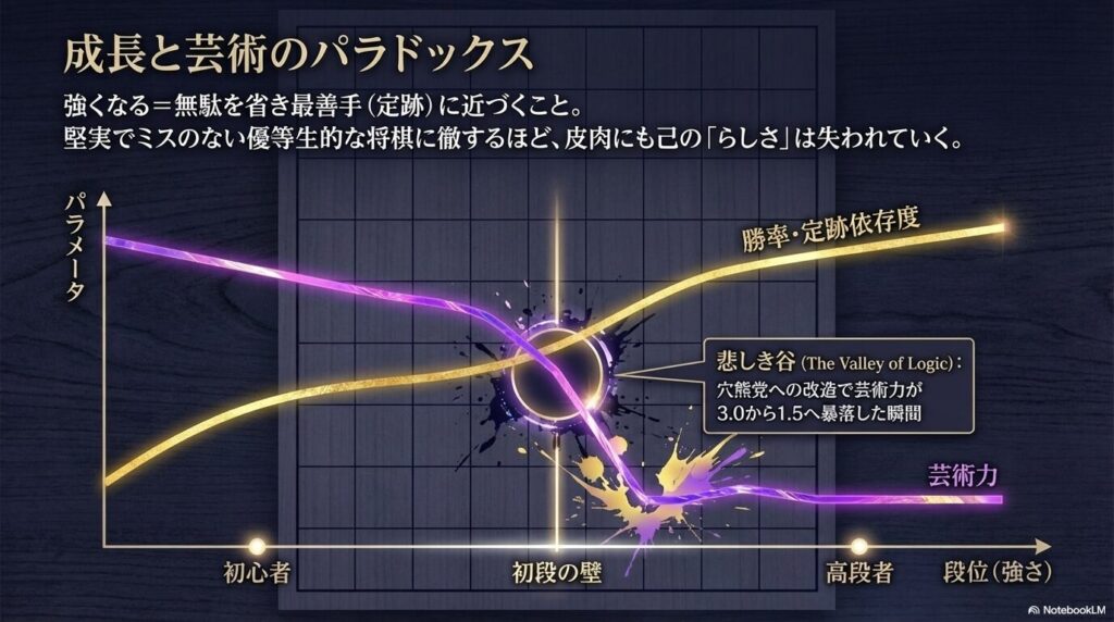 初段の壁を越えると将棋ウォーズの芸術力が暴落する成長と芸術のパラドックスを示すグラフ