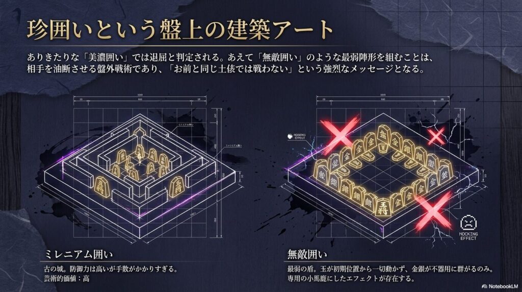 将棋ウォーズの芸術点が高いミレニアム囲いと無敵囲いの盤上建築アート設計図