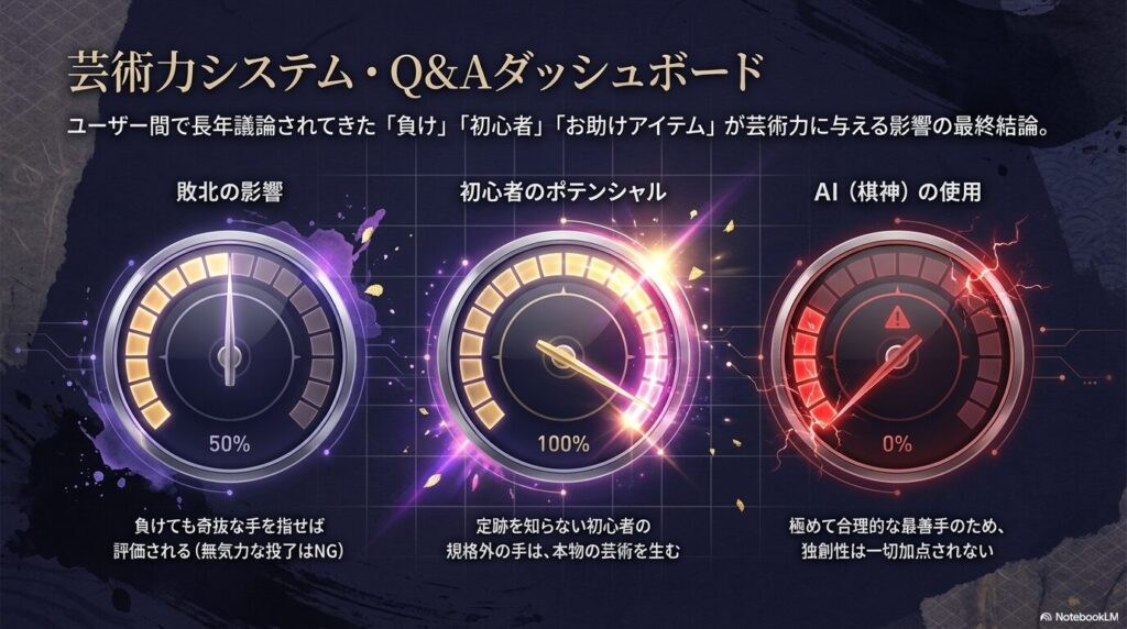 負け、初心者、棋神の使用が将棋ウォーズの芸術力に与える影響を解説するQ&Aダッシュボードのメーター