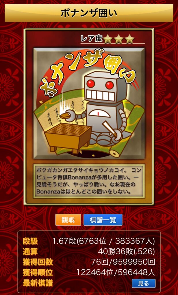 私の将棋ウォーズのボナンザ囲いの戦績