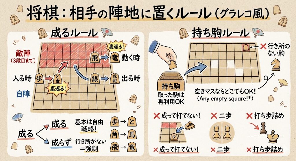 将棋で相手の陣地に置くルール完全版!成る条件と持ち駒の注意点