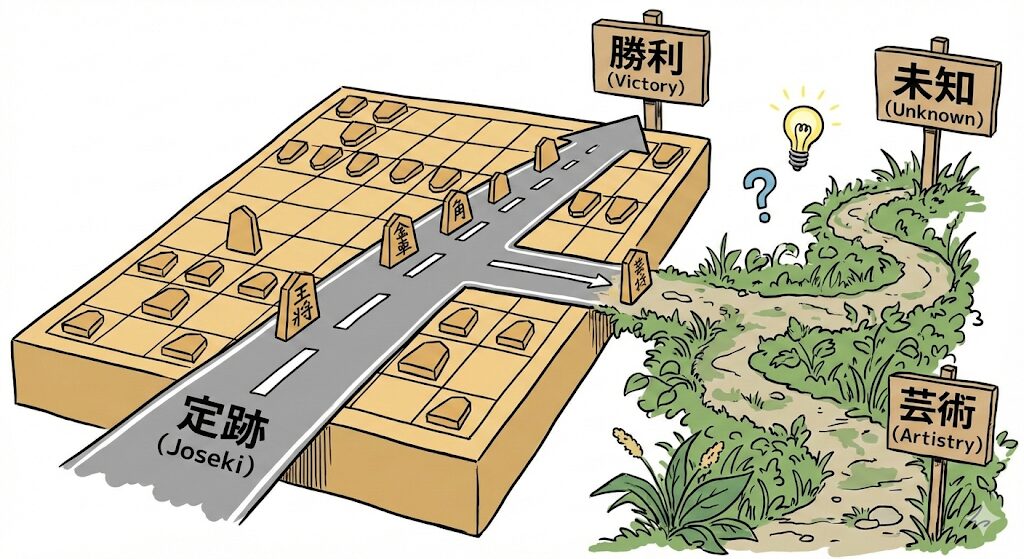 将棋ウォーズの芸術力は「定跡からの逸脱度」。定跡の道を外れた未知の一手が芸術力を高める様子を示すグラレコ風イラスト。