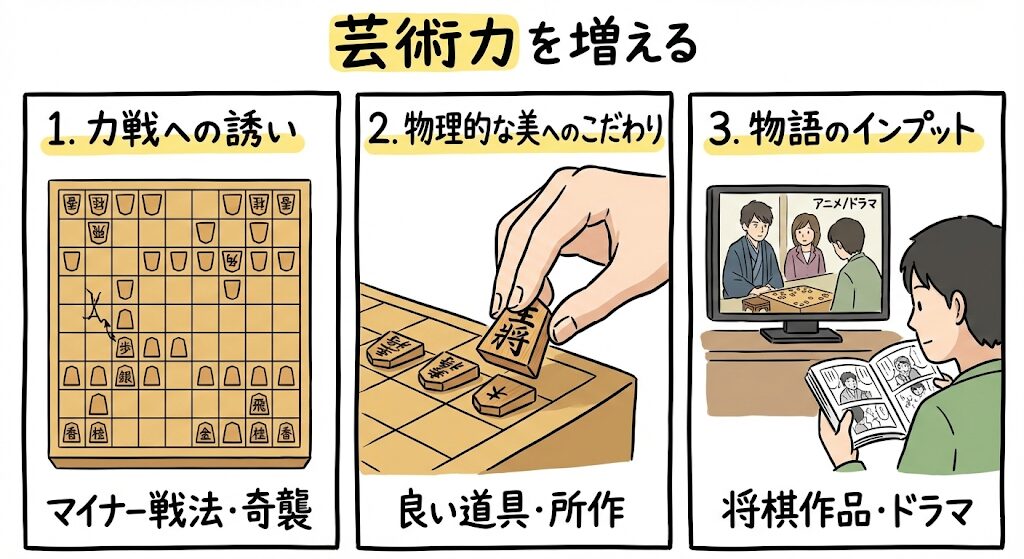 「力戦への誘い」「物理的な美へのこだわり」「物語のインプット」を解説するグラレコ風イラスト。