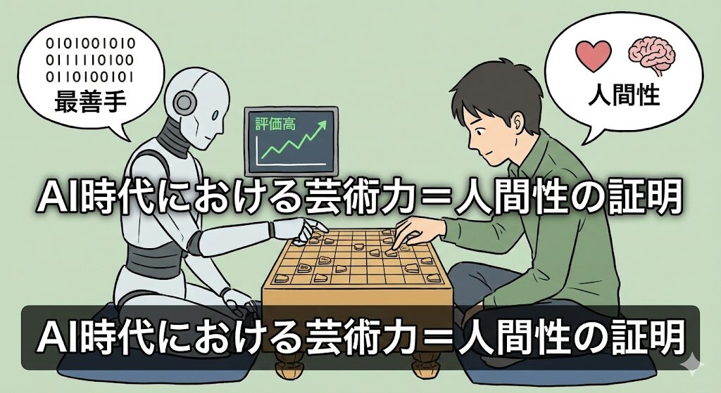 AIの「最善手」と人間の「芸術力（人間性）」を対比させ、芸術力が人間性の証明であることを示すグラレコ風イラスト。