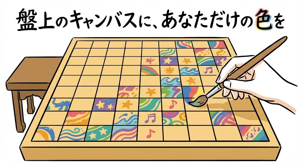 将棋盤をキャンバスに見立て、プレイヤーが自分だけの色で自由に絵を描く様子を表現したグラレコ風イラスト。