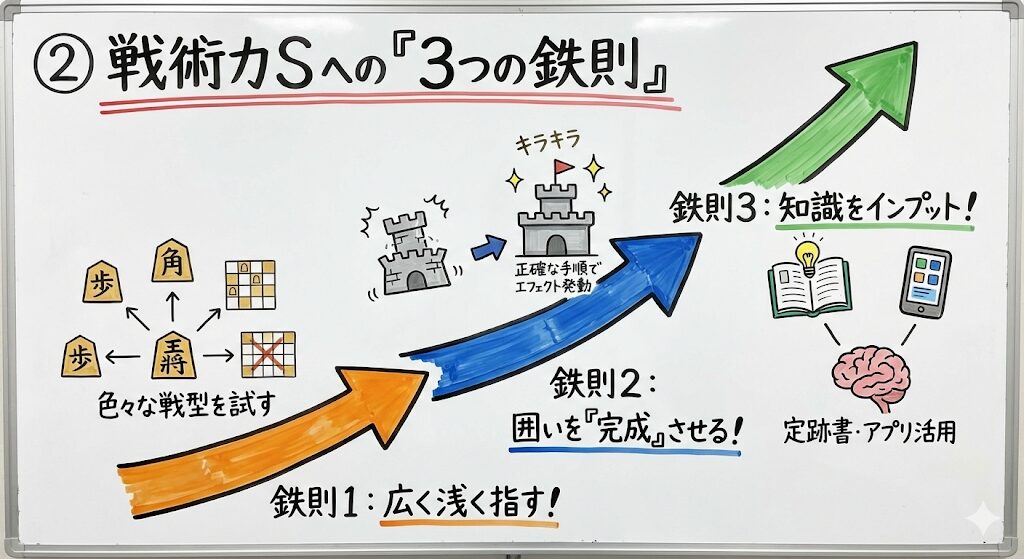 将棋ウォーズで戦術力をSにするための効率的な上げ方3鉄則。広く浅く指す、囲いを完成させる、知識をインプットする手順の図解。