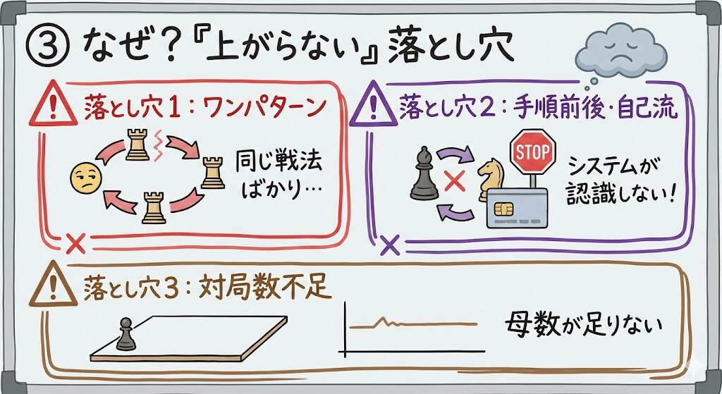 将棋ウォーズの戦術力が上がらない原因。ワンパターン、手順前後、対局数不足という3つの落とし穴を示す図解。