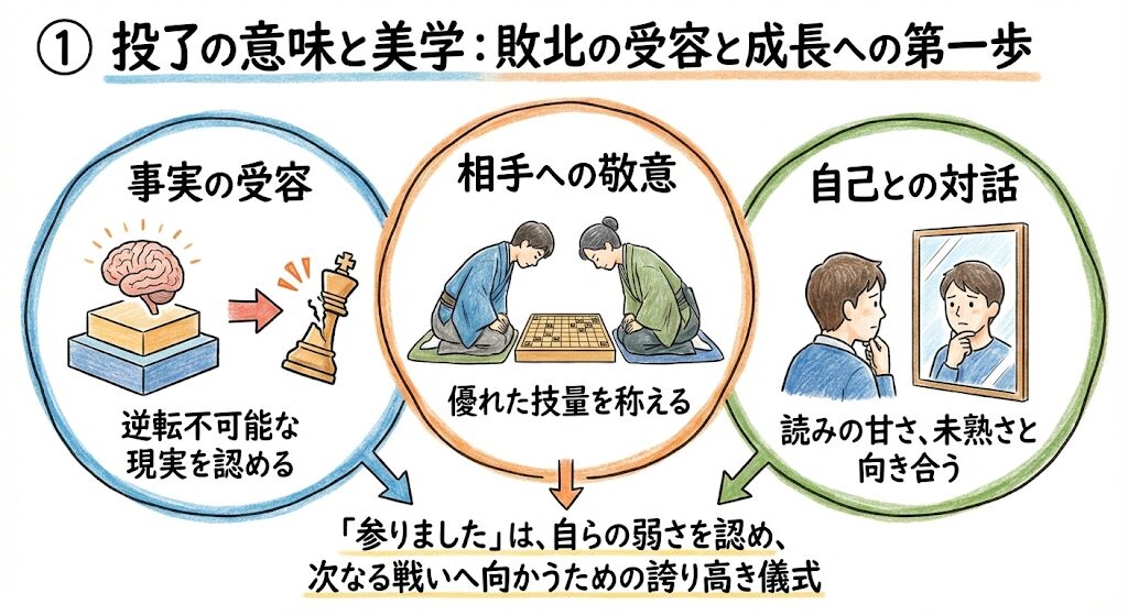 将棋の「参りました」の意味を図解したインフォグラフィック。事実の受容、相手への敬意、自己との対話という3つの要素を示し、自らの弱さを認める儀式であることを説明。