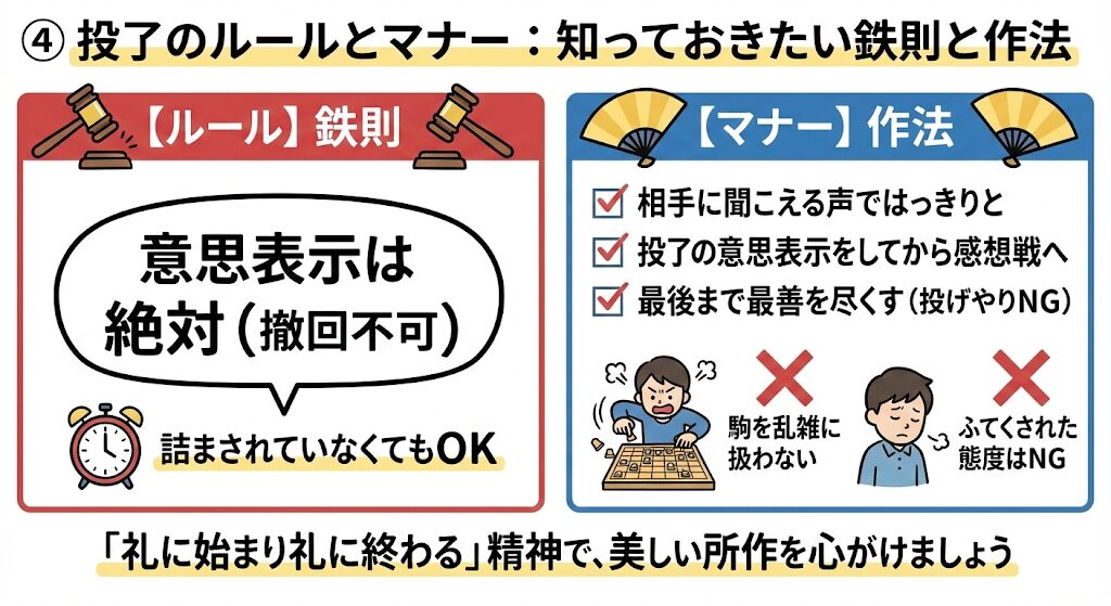 将棋の投了に関するルールとマナーを図解したインフォグラフィック。意思表示の絶対性や詰みとの関係といったルールと、はっきり伝える、投げやりにならないといったマナーをイラストで解説。