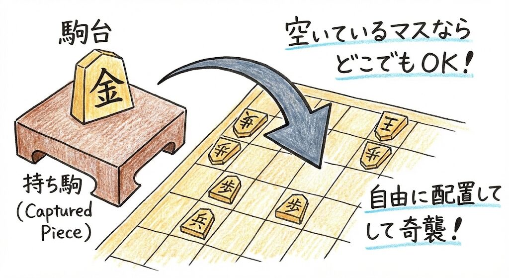将棋の持ち駒(金)を駒台から盤上の空いているマスに打つ様子のグラレコ風イラスト。