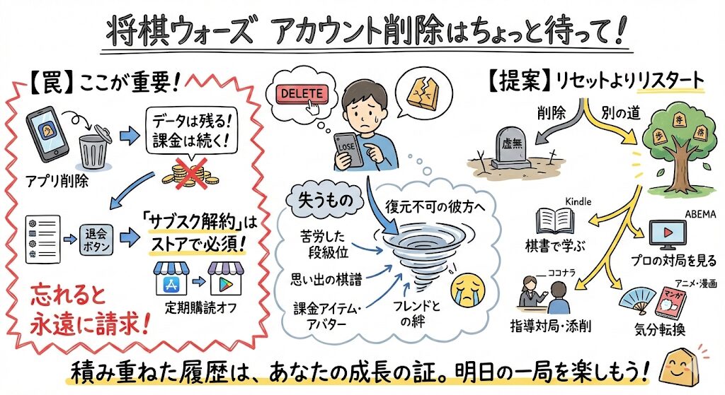 将棋ウォーズアカウント削除は待って!退会方法と課金停止の罠