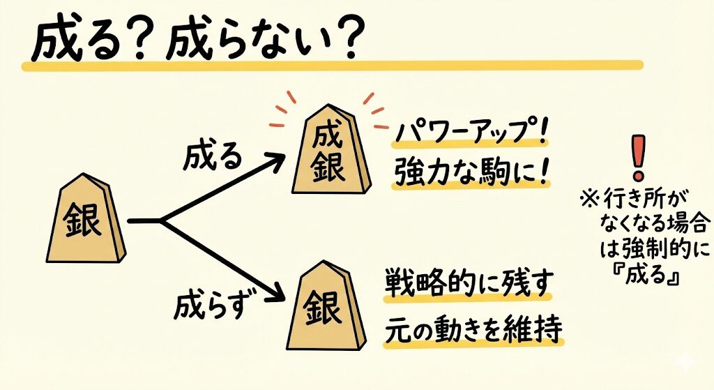 将棋の駒が成るか成らないかの選択と、行き所がない場合の強制的な成りを説明するグラレコ風イラスト。