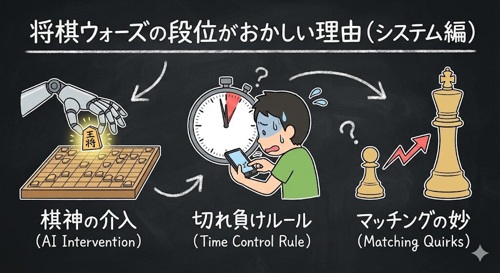 将棋ウォーズの段位がおかしいと言われるシステム的な理由(棋神、切れ負け、マッチング)を解説するグラレコ風イラスト