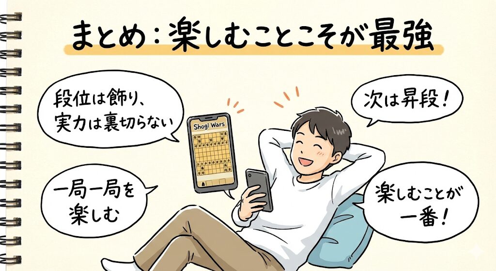 将棋ウォーズを楽しむプレイヤーと前向きなメッセージが描かれたまとめのグラレコ風イラスト