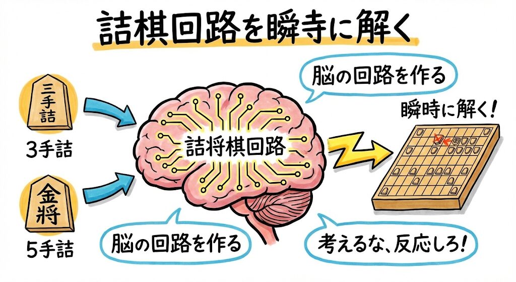 将棋ウォーズ1級対策:3手詰・5手詰を反復して脳内に「詰将棋回路」を作り、瞬時に解けるようにするグラレコ風図解。