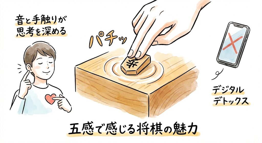 五感で感じる将棋の魅力。駒を打つ音、手触り、デジタルデトックス効果を示すグラレコイラスト。