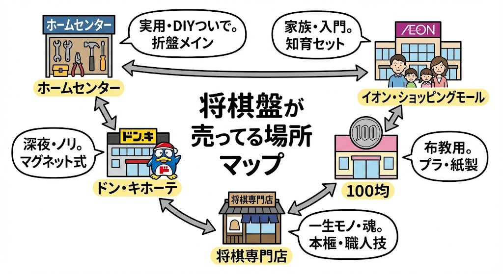 将棋盤が売ってる場所マップ。ホームセンター、イオン、ドン・キホーテ、100均、専門店の特徴と関係性を示す図解。