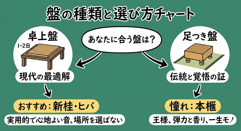 将棋盤の種類と選び方チャート。卓上盤と足つき盤、新桂・ヒバと本榧の違いとおすすめユーザーをフローチャートで解説。