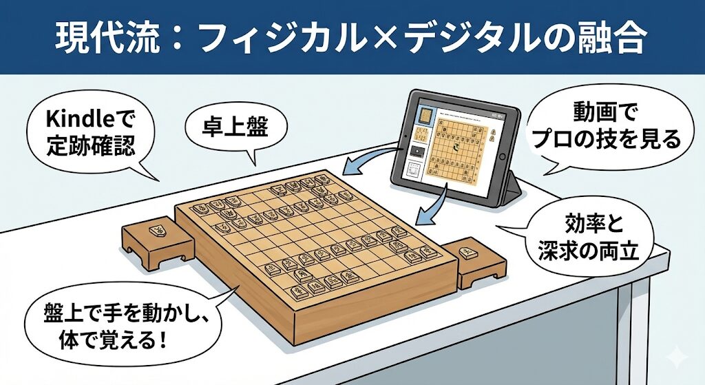 現代流・フィジカルとデジタルの融合した将棋学習。卓上盤とタブレット（Kindle、動画）を併用し、効率的に定跡を学ぶ様子。