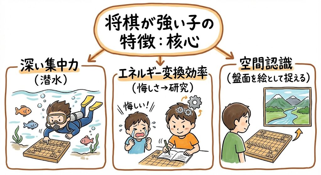 将棋が強い子の特徴の図解。深い集中力（潜水）、悔しさを研究に変えるエネルギー変換効率、盤面を絵として捉える空間認識能力をイラストで解説。