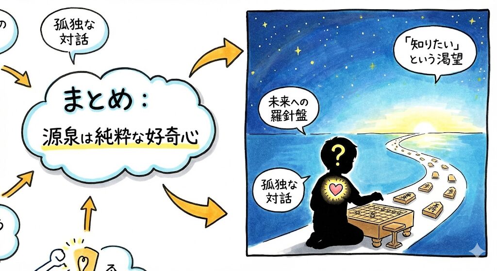 将棋が強い子の特徴のまとめ図解。源泉は純粋な好奇心であり、孤独な対話を通じて未来への羅針盤を手に入れる様子を、星空の下で将棋を指す子供のイラストで表現。