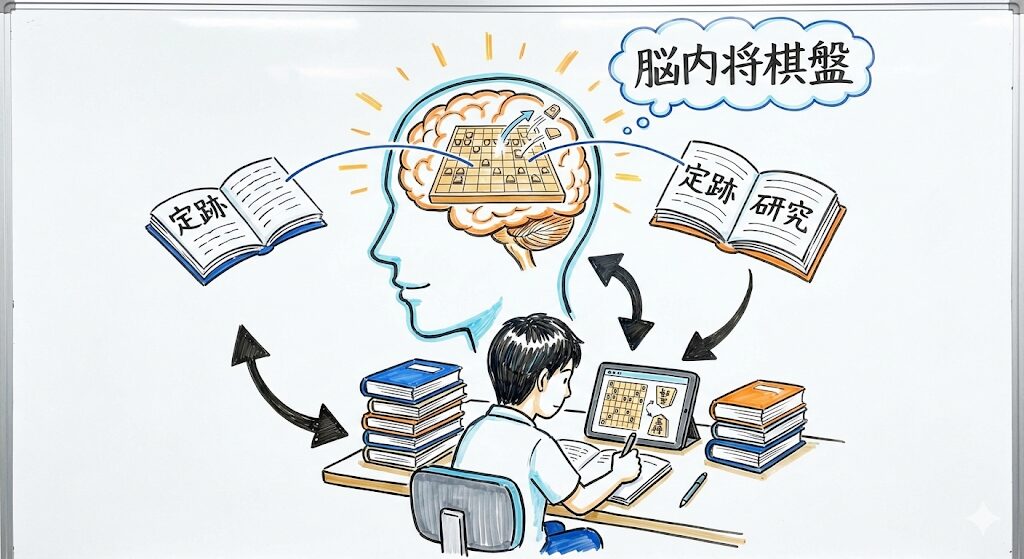 将棋が強い人の特徴である「脳内将棋盤」と定跡研究の様子を描いたグラレコ風イラスト。脳内で駒を動かし、棋書やタブレットで学習する姿。