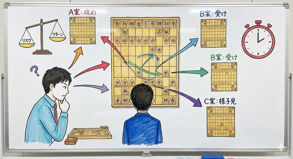 将棋の対局中、複数の手（A案、B案、C案）を読み、リスクとリターンを天秤にかけて決断する思考プロセスを図解したイラスト。