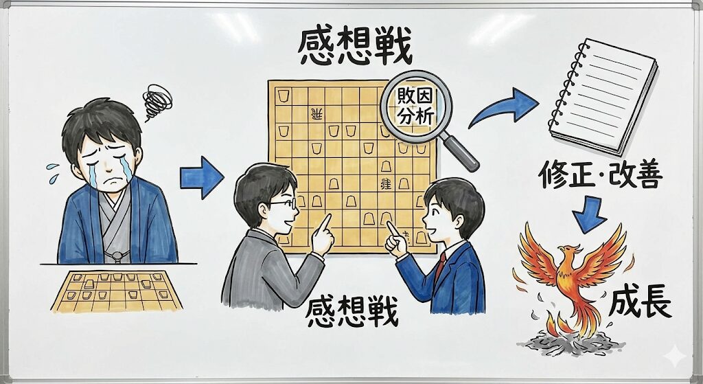 将棋で負けて悔し涙を流した後、感想戦で敗因を分析し、修正・改善を経て成長するサイクルを描いたイラスト。不死鳥が描かれている。
