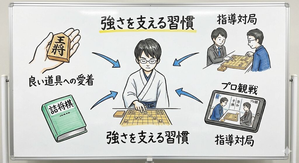 将棋が強くなるための習慣（良い道具、詰将棋、指導対局、プロ観戦）に囲まれたプレイヤーを描いたイラスト。