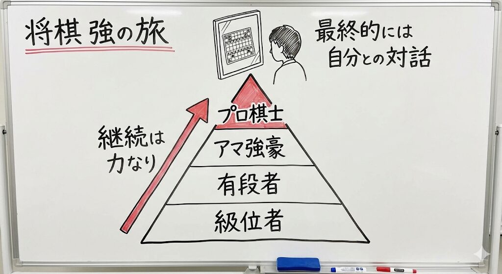 将棋の強さのピラミッド（級位者、有段者、アマ強豪、プロ棋士）と、「継続は力なり」「最終的には自分との対話」というメッセージを描いたイラスト。