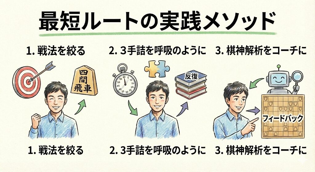 将棋ウォーズ初段への最短ルートとなる3つの実践メソッド(戦法を絞る、3手詰を反復、棋神解析を活用)をアイコンで示したグラレコ風イラスト。