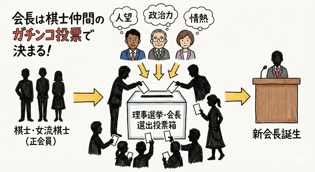 日本将棋連盟会長の選出方法を示すグラレコ風イラスト。棋士・女流棋士(正会員)による投票で理事が選ばれ、その中から会長が決定するプロセス。人望、政治力、情熱が必要であることを表現。