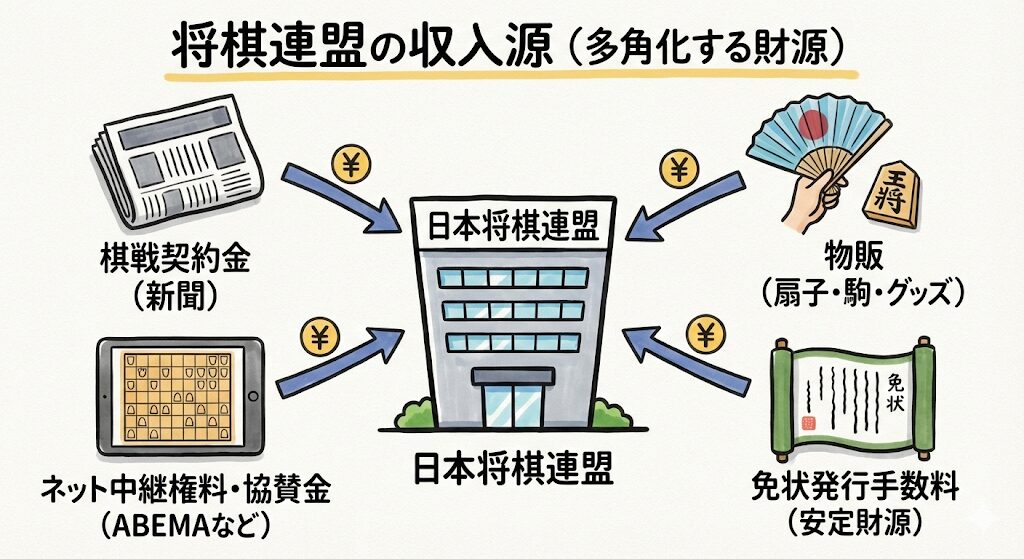 日本将棋連盟の主な収入源を示すグラレコ風イラスト。新聞社の棋戦契約金、ネット中継権料・協賛金、物販(扇子・駒・グッズ)、免状発行手数料などが連盟の財源となっている様子を図解。