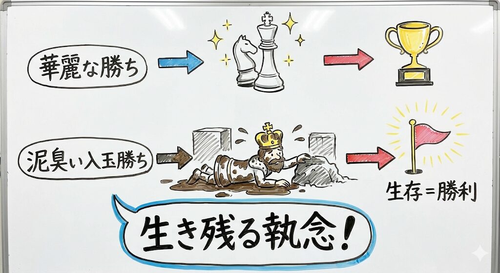 将棋におけるスマートな「華麗な勝ち」と、執念で生き残る「泥臭い入玉勝ち」の対比イラスト。「生存=勝利」を表現。