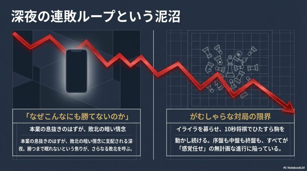 将棋で勝てない焦りから深夜の10秒将棋で連敗ループの泥沼に陥り感覚任せになる状態