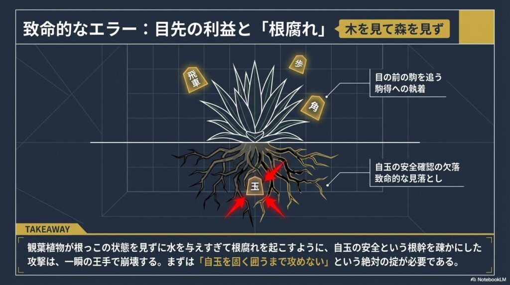 将棋初心者が陥る目の前の駒得への執着と自玉の安全確認の欠落を図解したアガベの根腐れメタファー