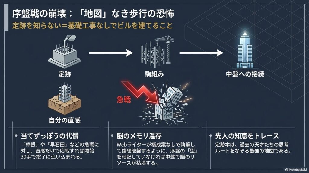 将棋の序盤定跡を知らないことで基礎工事なしのビルが相手の急戦で崩壊するイメージ図