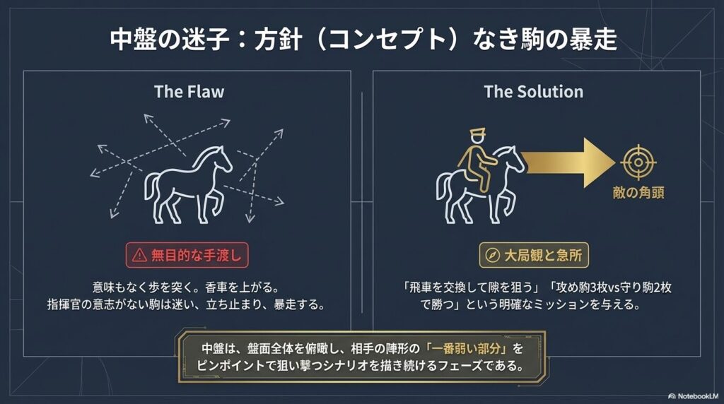 中盤戦で方針やコンセプトを持たずに無目的な手渡しを続けることで駒が暴走する図解