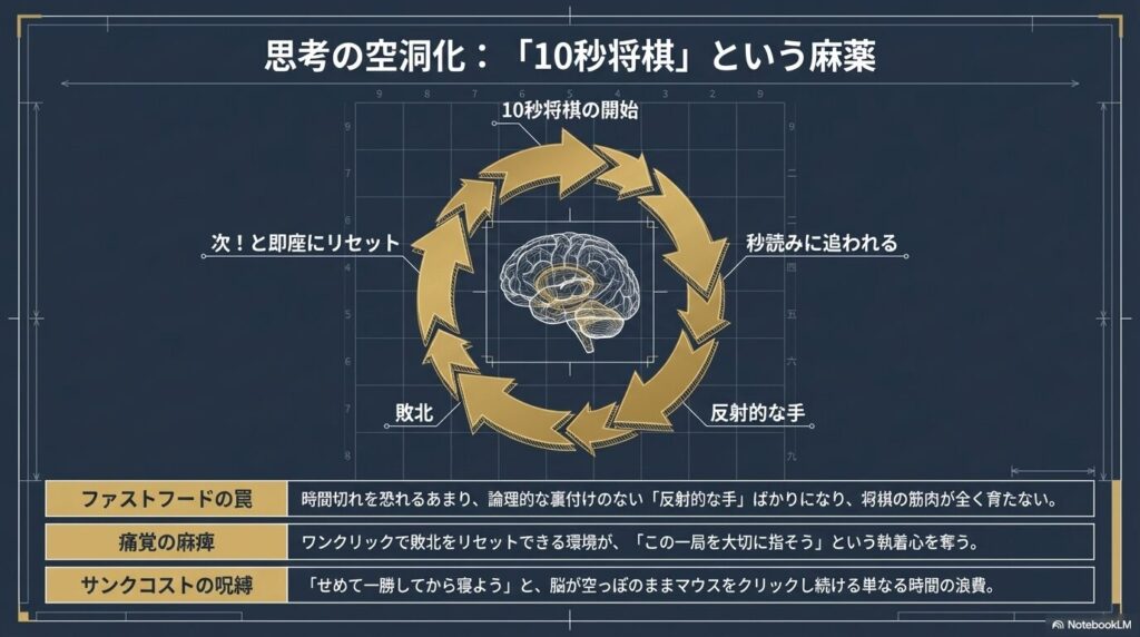 ネット将棋の超早指しで秒読みに追われ反射的な手を指し敗北を繰り返す思考の空洞化ループ図
