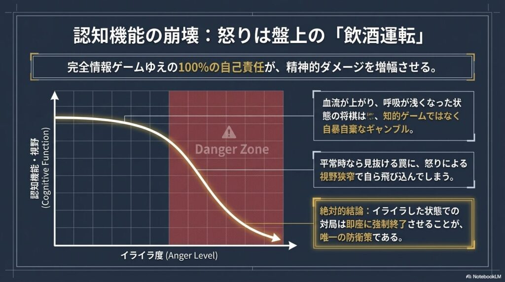 将棋の対局でイライラ度が増すにつれて認知機能と視野が低下しデンジャーゾーンに陥るグラフ