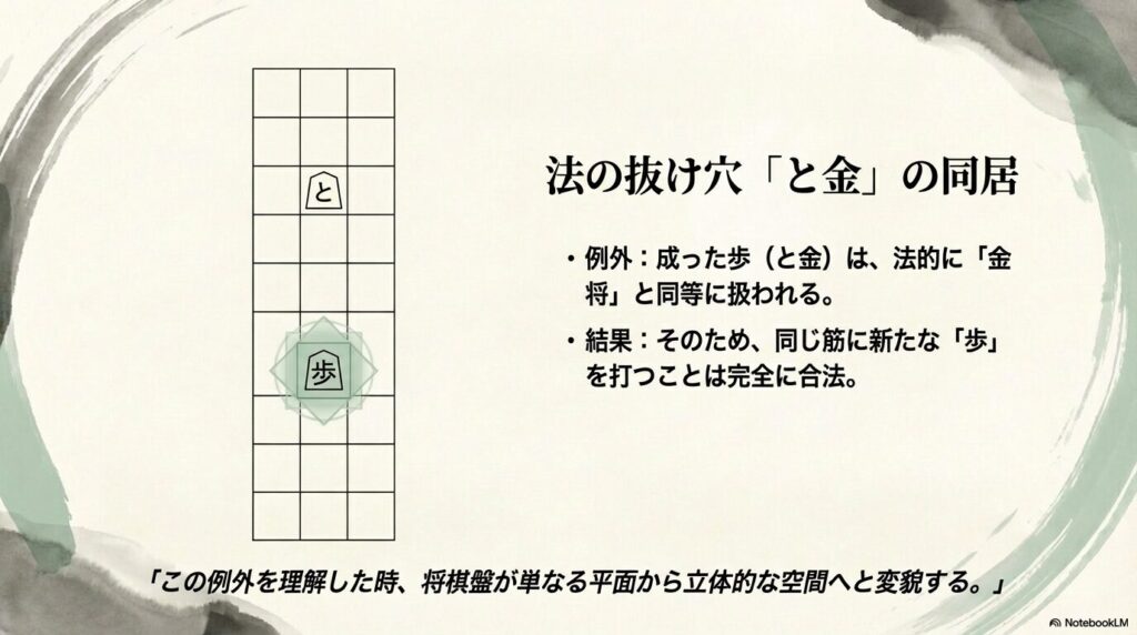 成った歩であると金と同じ縦列に持ち駒の歩を打つ合法な配置ルールの図解