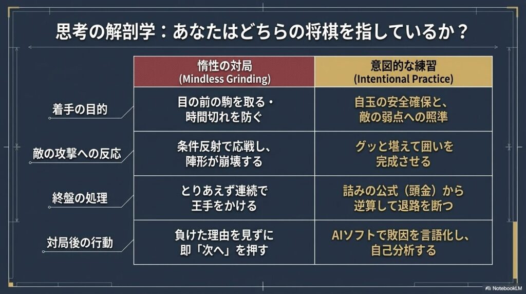将棋における惰性の対局と意図的な練習の着手の目的や終盤の処理の違いを比較した表