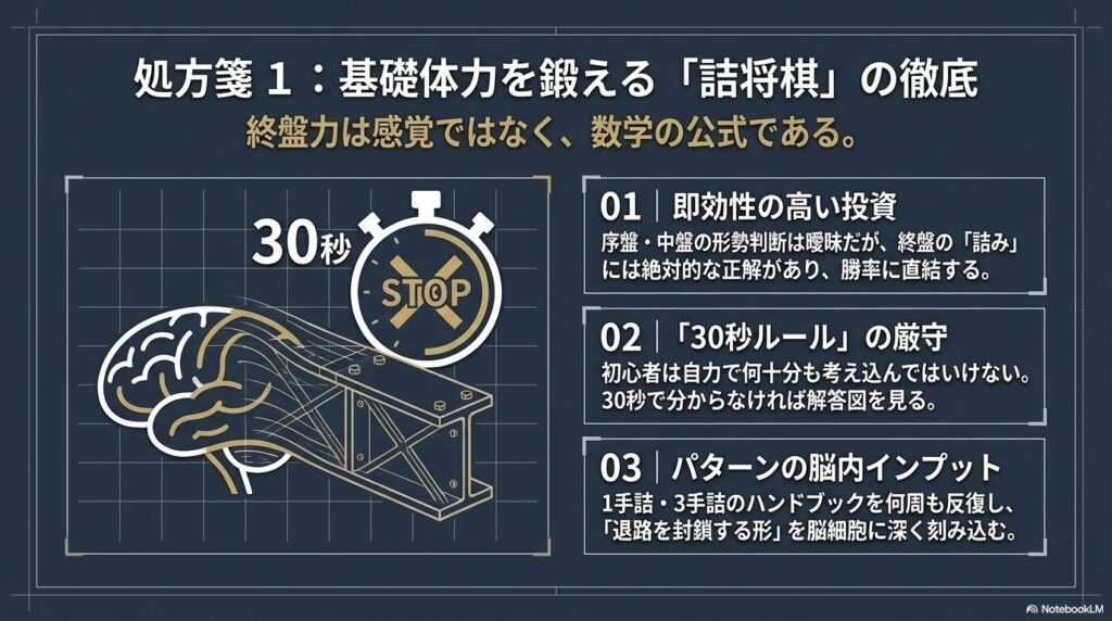 将棋の終盤力を鍛えるため詰将棋で30秒考えて分からなければ解答を見て退路を封鎖する形を脳にインプットする学習法